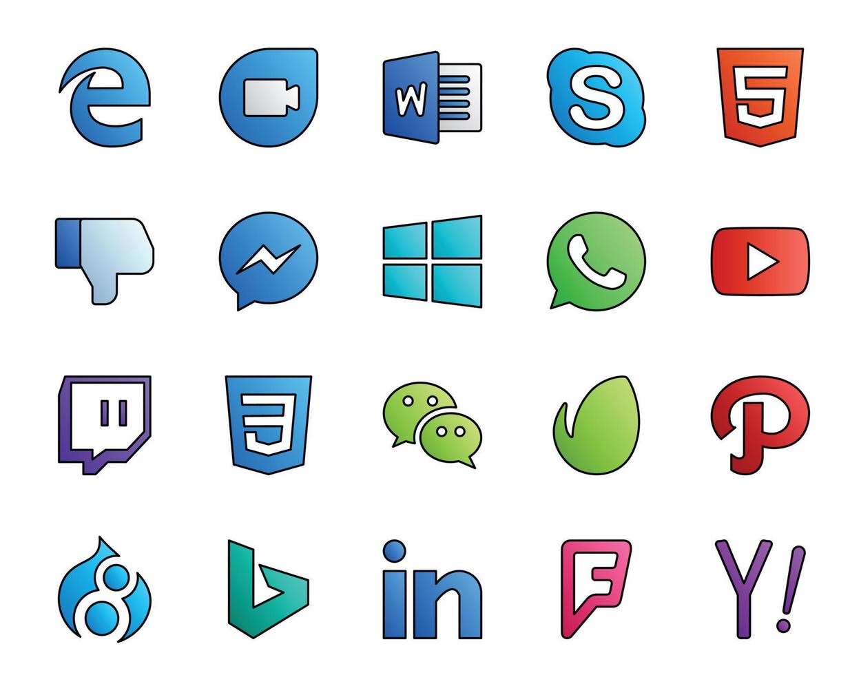 20 pack d'icônes de médias sociaux, y compris path messenger windows wechat twitch vecteur