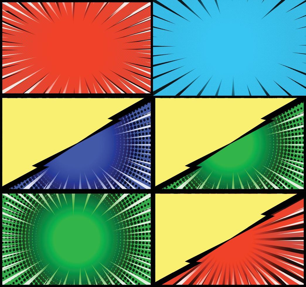 fond de cadres colorés de bande dessinée avec des rayons de demi-teintes effets radiaux et pointillés style pop art vecteur