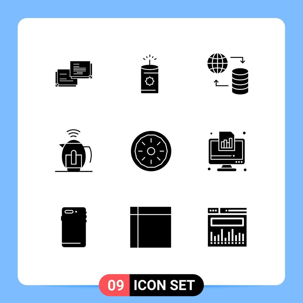 ensemble moderne de 9 pictogrammes de glyphes solides d'éléments de conception vectoriels modifiables de pot de technologie mondiale de boulangerie de tarte vecteur