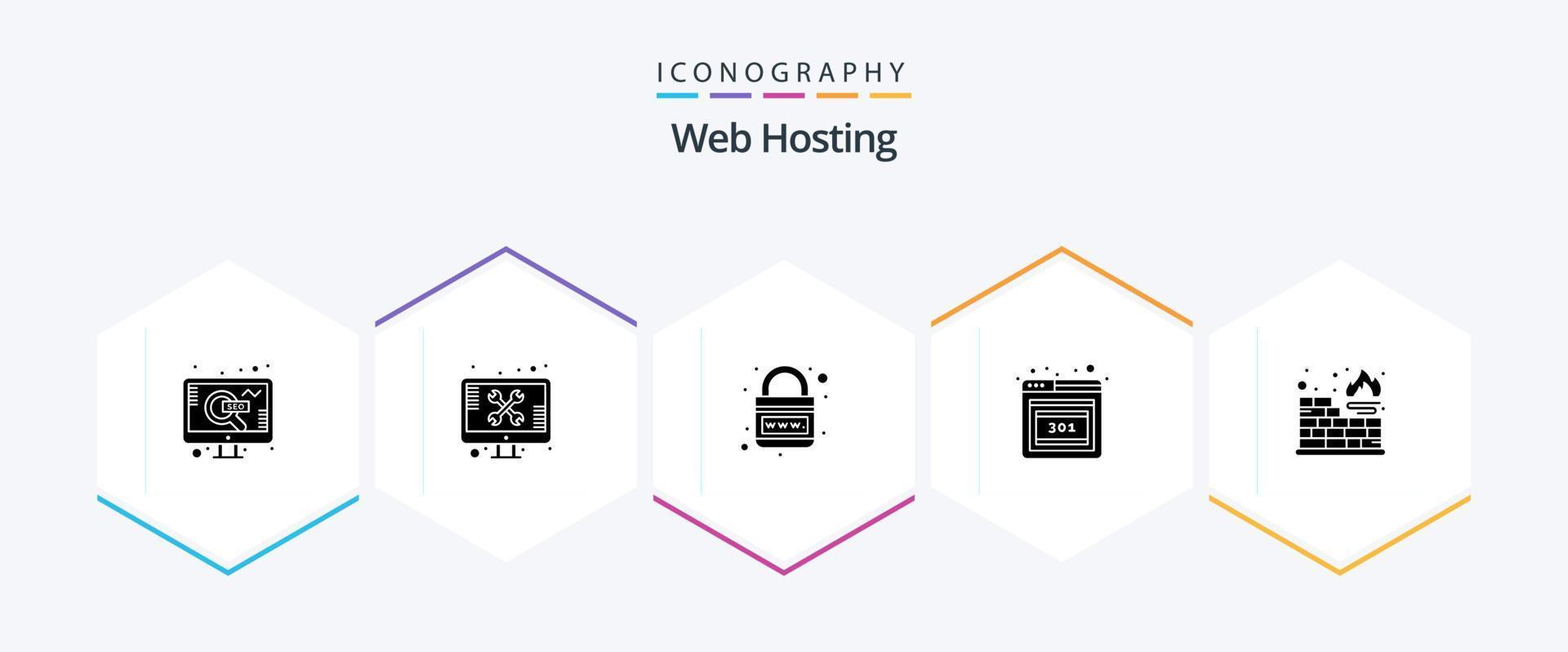 pack d'icônes d'hébergement Web de 25 glyphes, y compris la base de données. Erreur. outils. le navigateur. planète vecteur