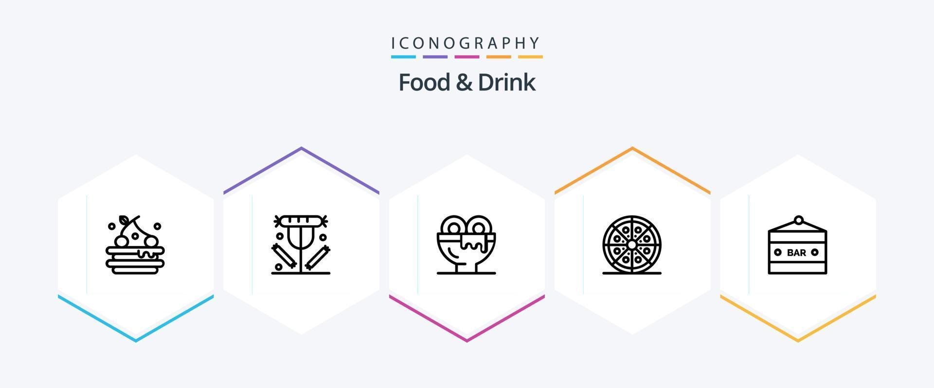 pack d'icônes de 25 lignes de nourriture et de boisson, y compris le divertissement. signe de barre. déjeuner. bar. pizza vecteur