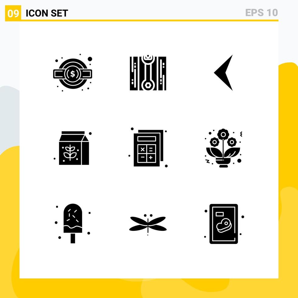 ensemble moderne de 9 pictogrammes de glyphes solides d'éléments de conception vectoriels modifiables de paquet d'étude arrière de la calculatrice de bouquet vecteur