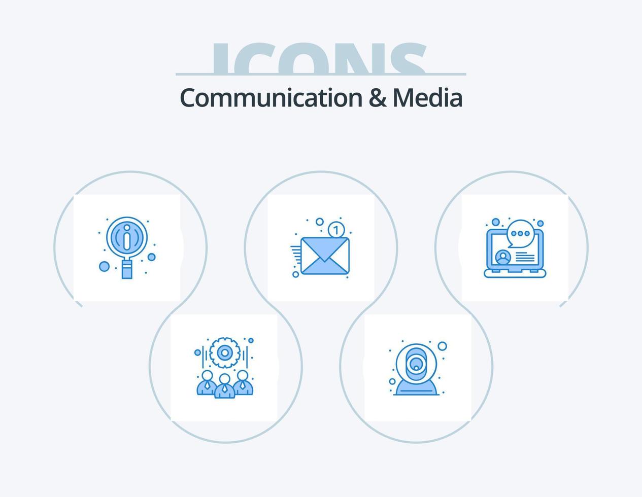 pack d'icônes bleues de communication et de médias 5 conception d'icônes. médias. discussion en ligne. informations. lettre. Nouveau vecteur