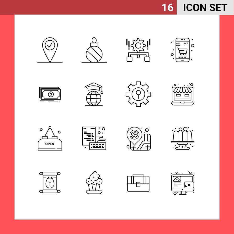 contour de l'interface mobile ensemble de 16 pictogrammes de gestion de l'argent de transfert boutique en ligne entreprise éléments de conception vectoriels modifiables vecteur