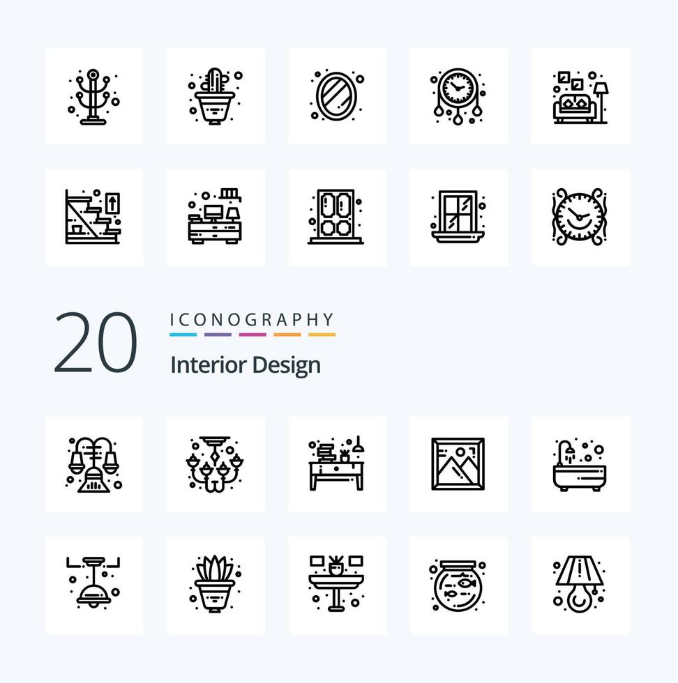 20 pack d'icônes de ligne de design d'intérieur comme une baignoire livre d'images papier photo vecteur