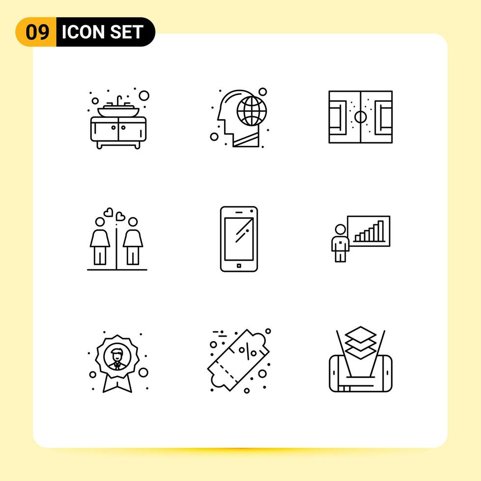 ensemble de pictogrammes de 9 contours simples d'éléments de conception vectoriels modifiables de football de couple de terrain de toilettes téléphoniques vecteur