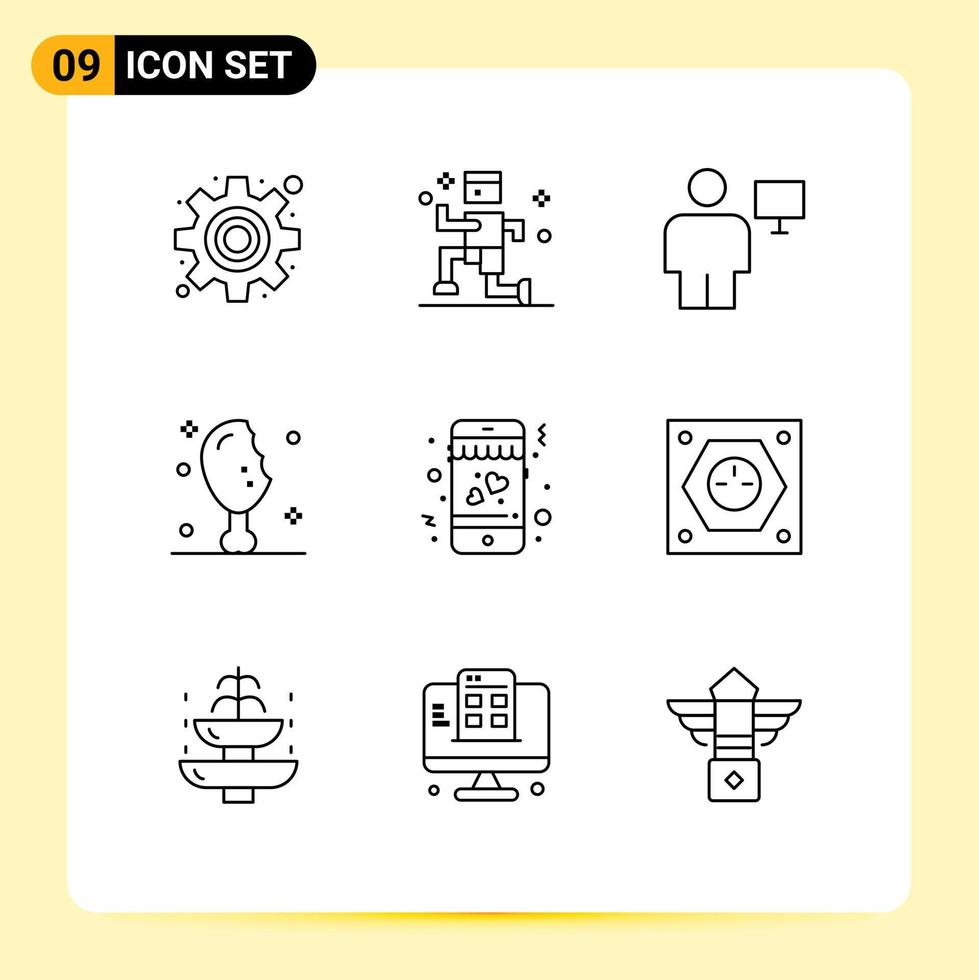 ensemble moderne de 9 contours et symboles tels que des éléments de conception vectoriels modifiables de viande de jambe de dinde dordinateur de rencontre mobile vecteur