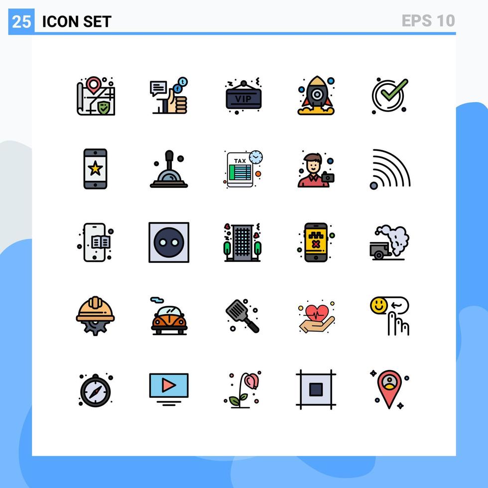 interface mobile ligne remplie couleur plate ensemble de 25 pictogrammes d'ok accept vip space cosmos éléments de conception vectoriels modifiables vecteur