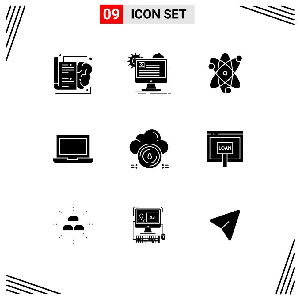 symboles d'icônes universelles groupe de 9 glyphes solides modernes d'éléments de conception vectoriels modifiables de couronne d'ordinateur portable de mise à jour de macbook sécurisé vecteur