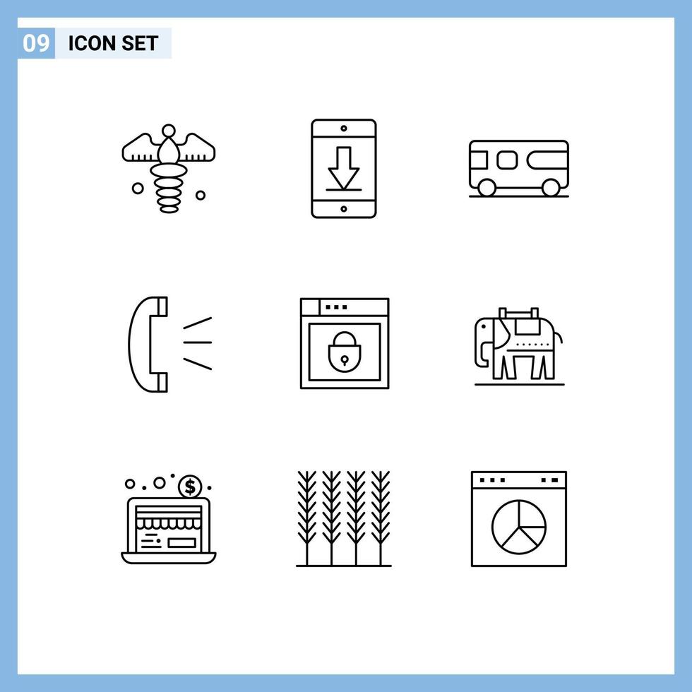 symboles d'icônes universelles groupe de 9 contours modernes d'éléments de conception vectoriels modifiables de véhicule d'appel mobile de support client internet vecteur