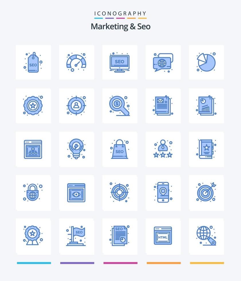 marketing créatif et seo 25 pack d'icônes bleues telles qu'un graphique à secteurs. parlez. référencement. parole. discuter vecteur