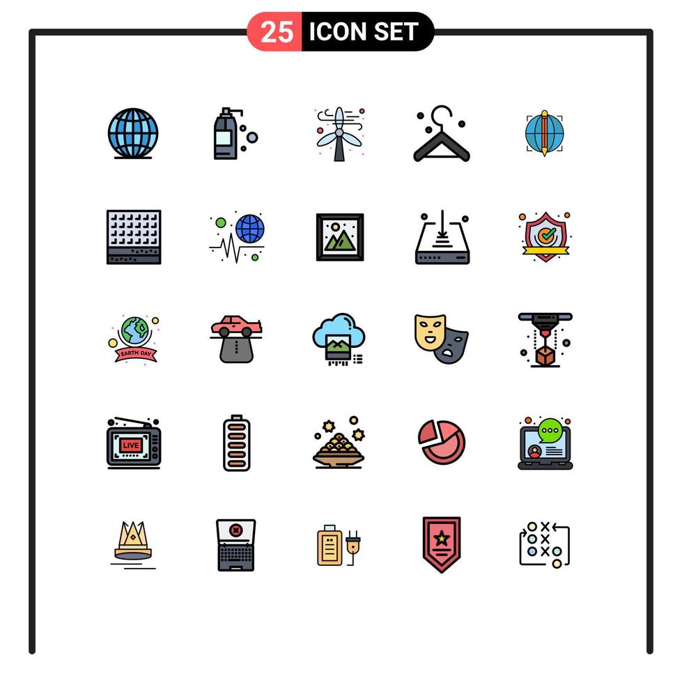 ensemble moderne de 25 pictogrammes de couleurs plates en ligne remplie de succès de dessert moulin à vent globe focus éléments de conception vectoriels modifiables vecteur