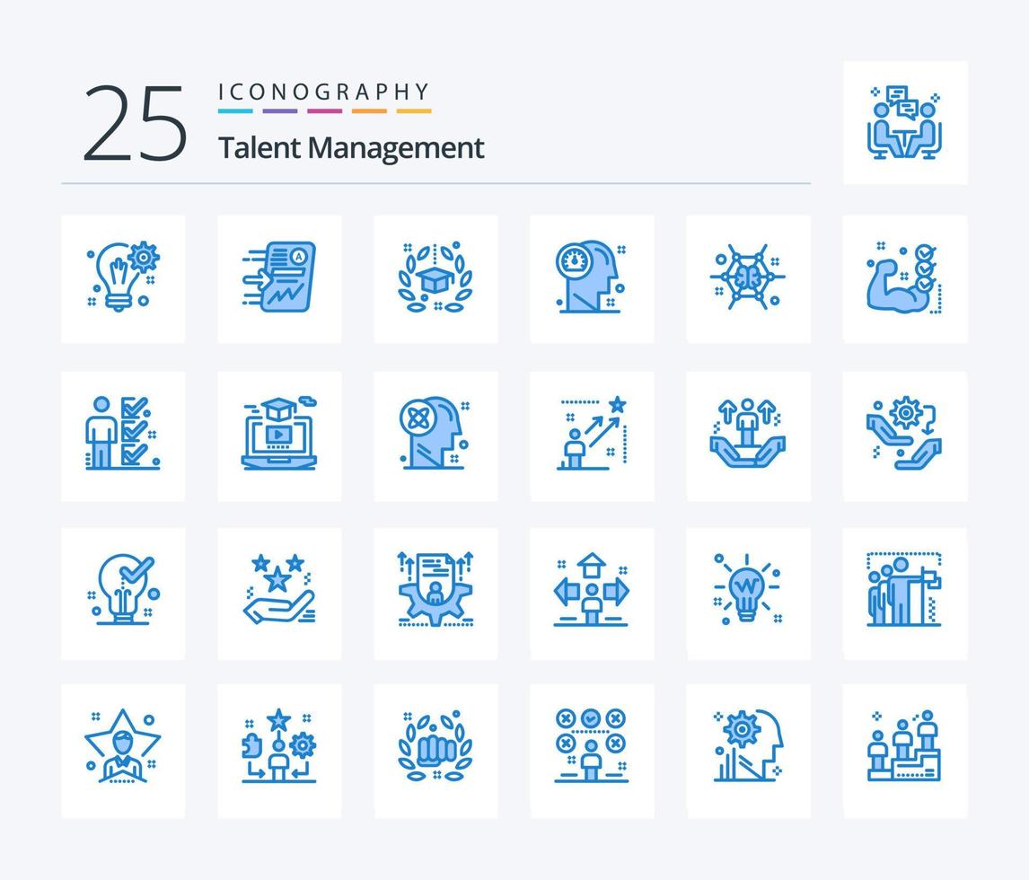 gestion des talents 25 pack d'icônes de couleur bleue, y compris la tête. tableau de bord. le progrès. université. chapeau vecteur