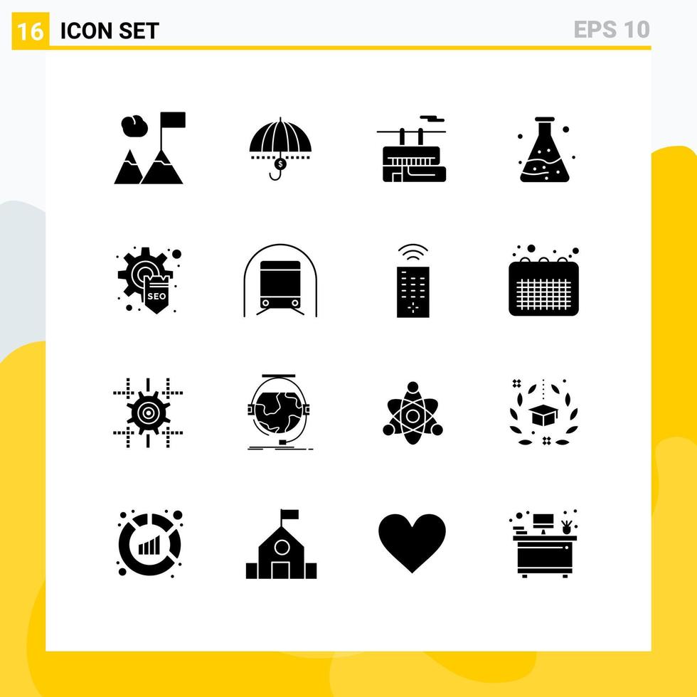 ensemble moderne de 16 pictogrammes de glyphes solides d'éléments de conception vectoriels modifiables de tramway de sécurité de voyage de pollution des déchets vecteur