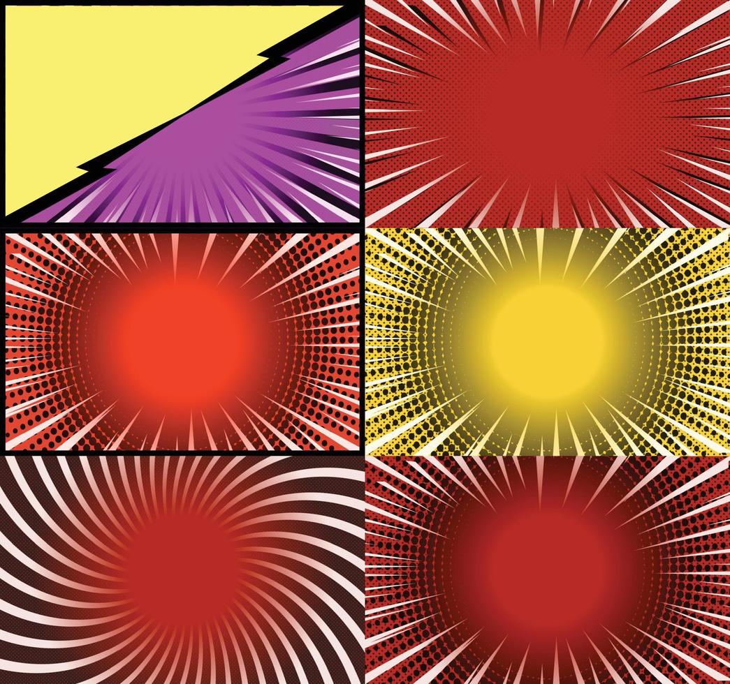 fond de cadres colorés de bande dessinée avec des rayons de demi-teintes effets radiaux et pointillés style pop art vecteur