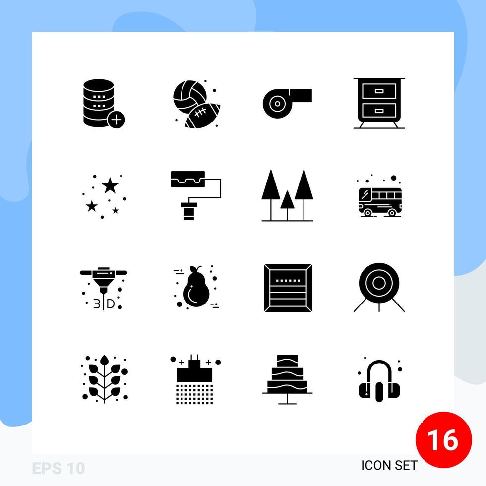 pack de 16 glyphes solides créatifs d'éléments de conception vectoriels modifiables à l'intérieur de la fête des loisirs vecteur