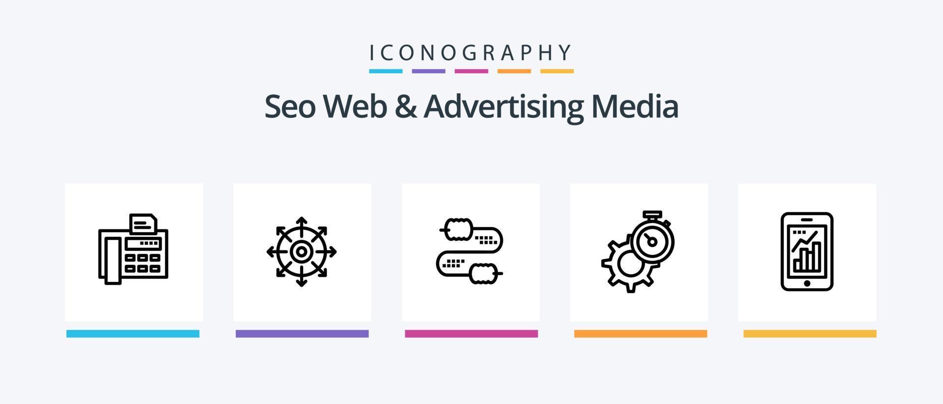 pack d'icônes de la ligne 5 des médias seo web et publicitaires, y compris le graphique. machine à écrire. minuteur. téléphone fixe. Regardez. conception d'icônes créatives vecteur