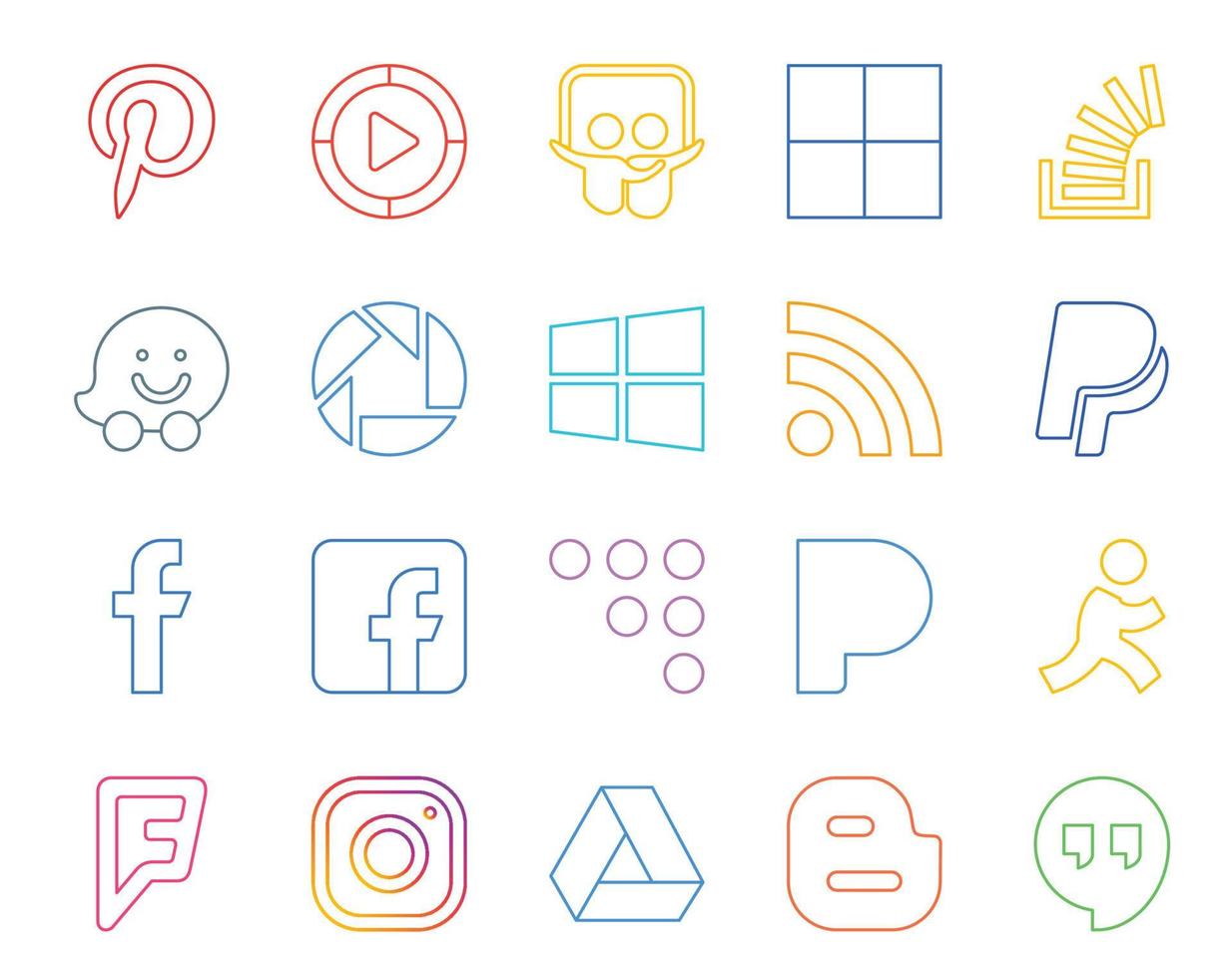20 pack d'icônes de médias sociaux, y compris objectif coderwall overflow facebook rss vecteur