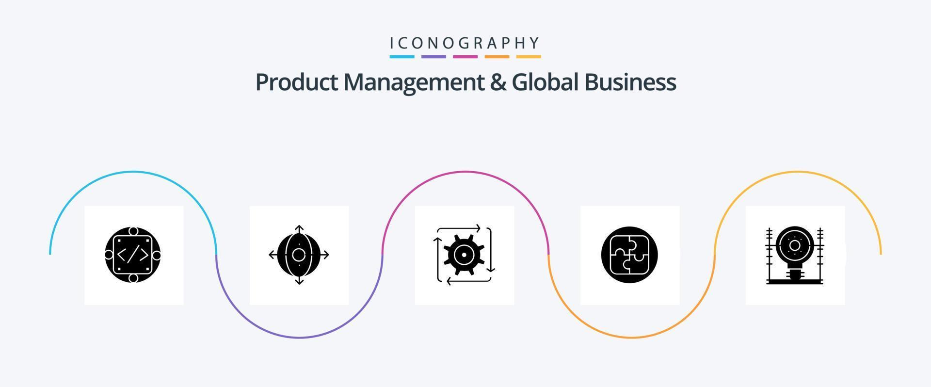 gestion des produits et pack d'icônes glyphe 5 d'affaires mondiales, y compris la solution. plan. produit. le management. flux vecteur