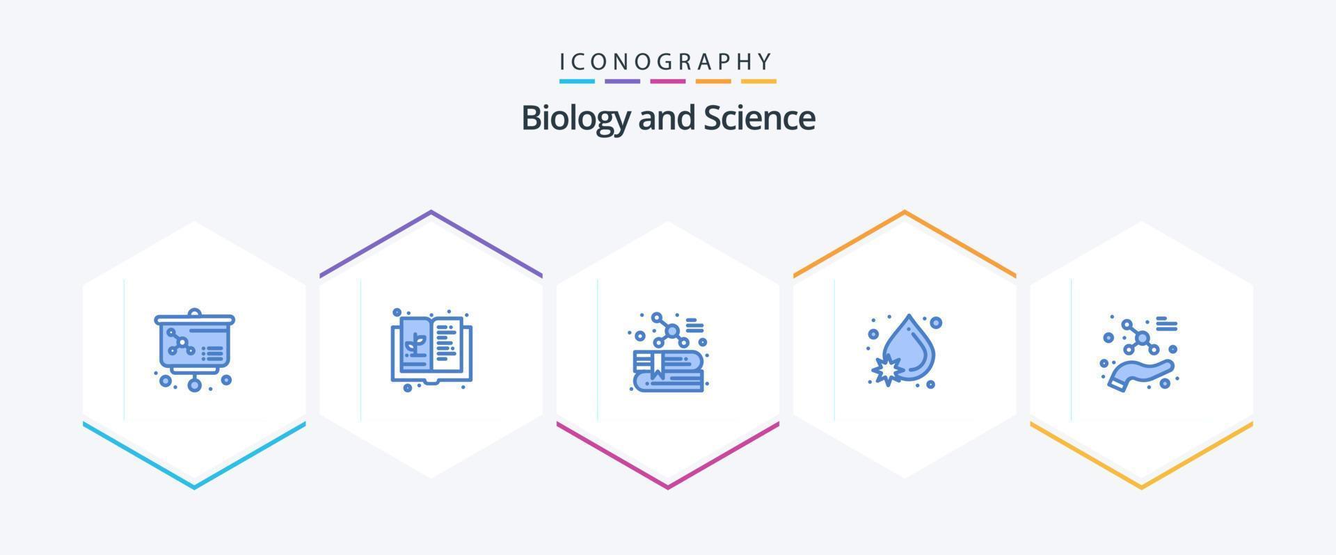 pack d'icônes bleues de biologie 25, y compris l'atome. l'eau. livre. laissez tomber. virus vecteur