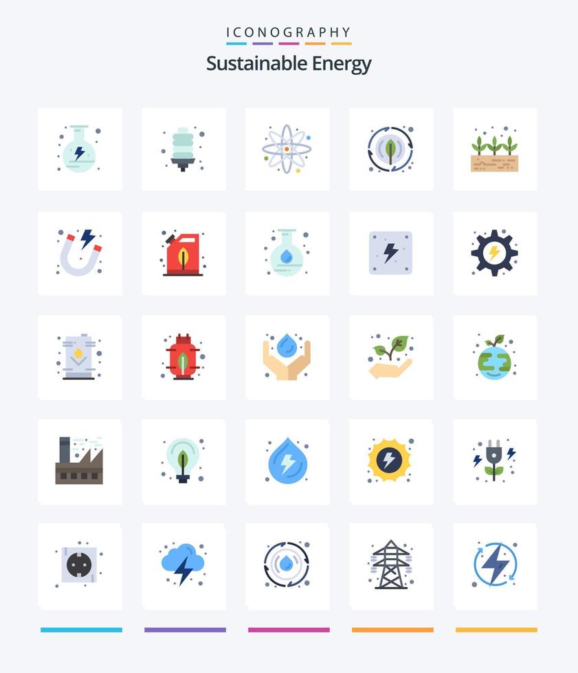 pack d'icônes plates de 25 énergies durables créatives telles que l'électricité. plante verte. atome. plante. feuille vecteur