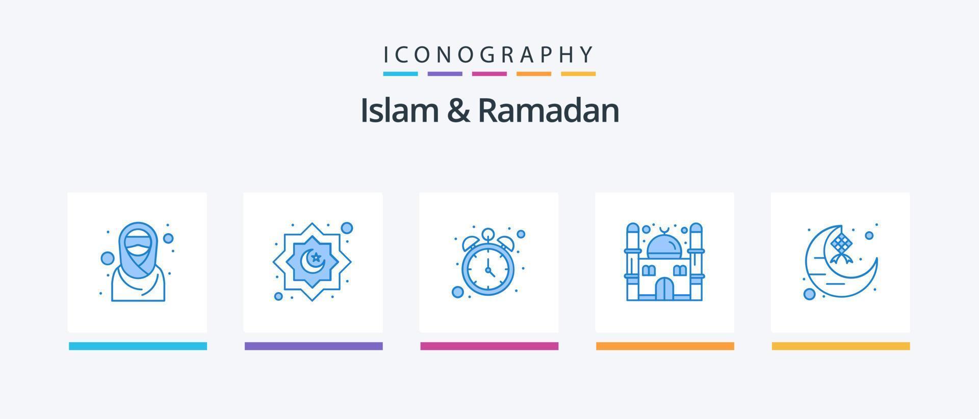 pack d'icônes bleu islam et ramadan 5, y compris eid. croissant. jeûne. Ramadan. mosquée. conception d'icônes créatives vecteur