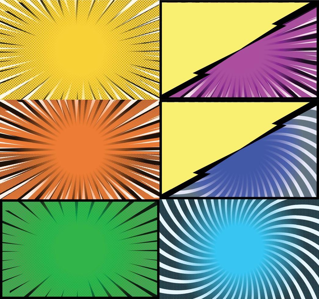 fond de cadres colorés de bande dessinée avec des rayons de demi-teintes effets radiaux et pointillés style pop art vecteur