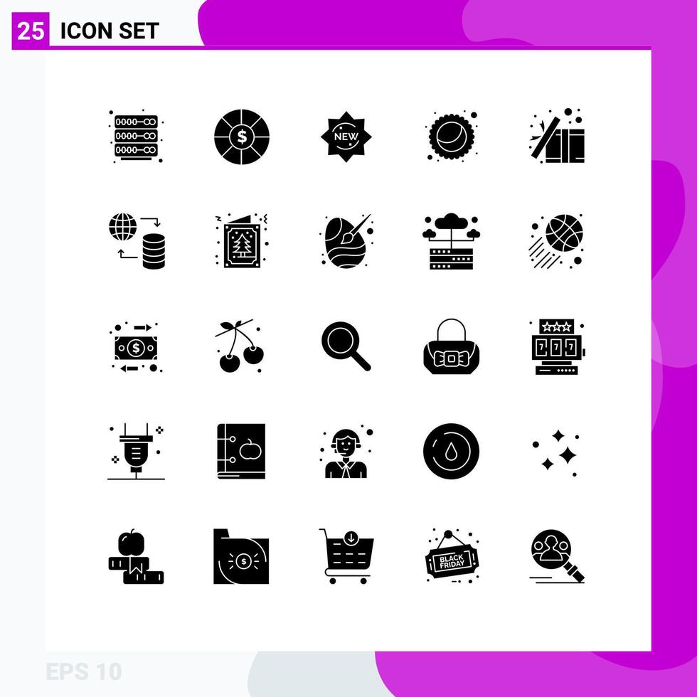 groupe de 25 signes et symboles de glyphes solides pour des éléments de conception vectoriels modifiables de tarte de cadeau d'autocollant ouvert surprise vecteur