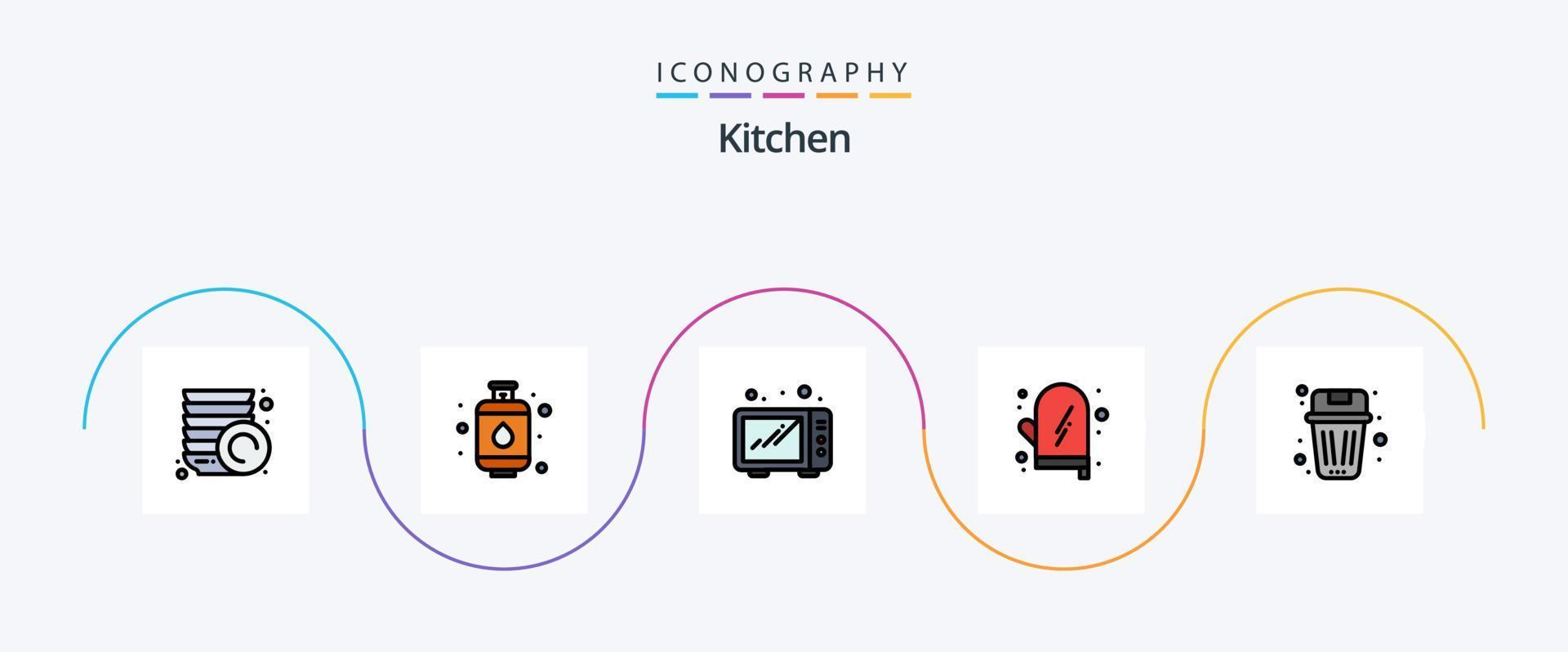 ligne de cuisine remplie de pack d'icônes plat 5, y compris la corbeille. effacer. four micro onde. été. cuisine vecteur