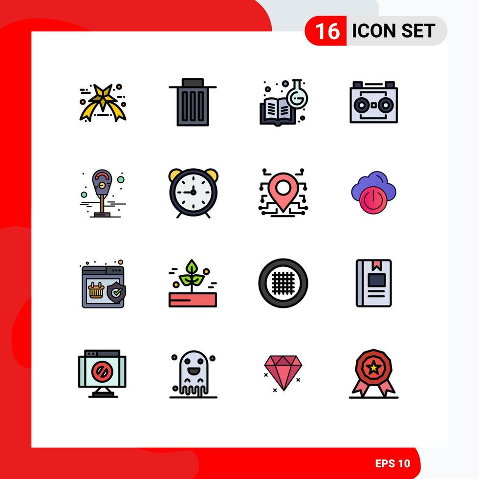 interface mobile ligne remplie de couleurs plates ensemble de 16 pictogrammes de mètre enregistrement sonore livre de chimie enregistrement numérique bande audio éléments de conception vectoriels créatifs modifiables vecteur