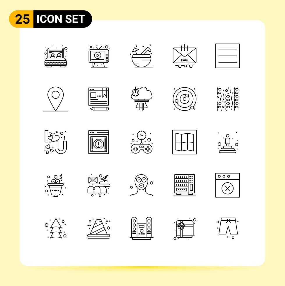 ligne d'interface mobile ensemble de 25 pictogrammes d'aide contact jouer communication boisson éléments de conception vectoriels modifiables vecteur