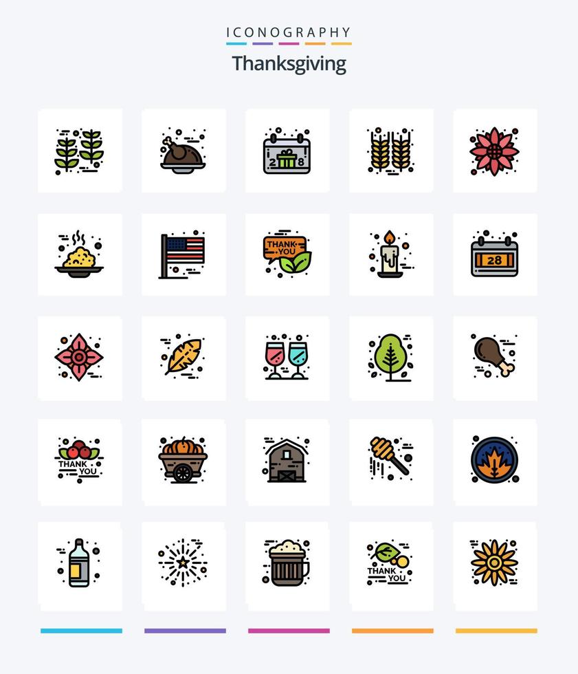pack d'icônes remplies de 25 lignes créatives de thanksgiving telles que fleur. blé. calendrier. action de grâces. bouteille vecteur