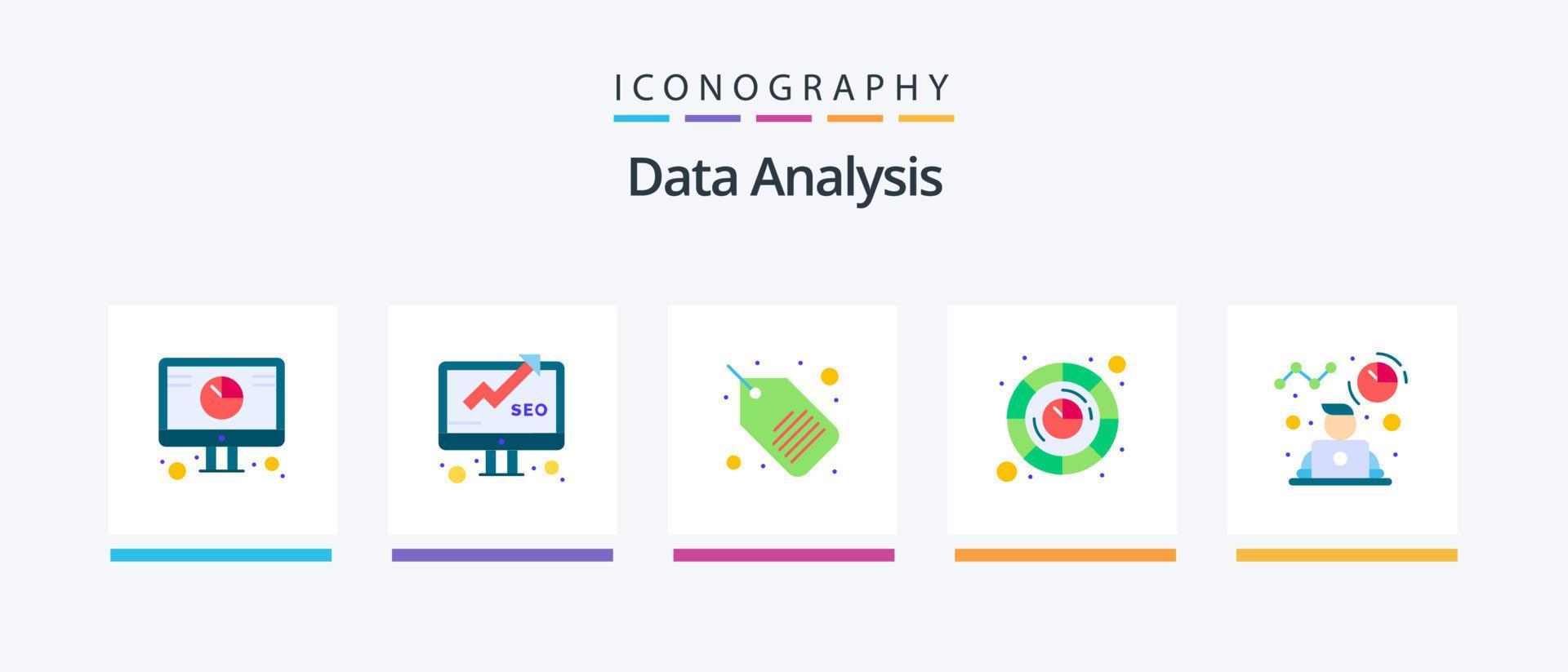 pack d'icônes plat 5 d'analyse de données, y compris l'avatar. graphique. référencement. numérique. analyse de la mise au point. conception d'icônes créatives vecteur