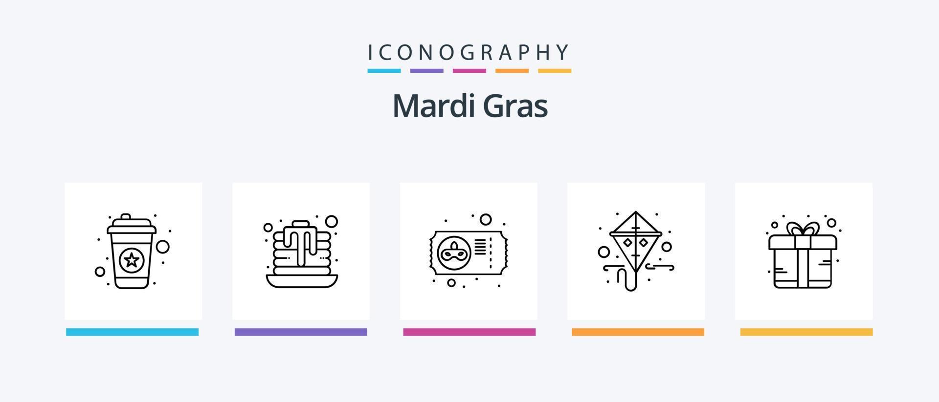 mardi gras ligne 5 pack d'icônes comprenant. gâteau au moule. cerf-volant. le dessert. tambouriner. conception d'icônes créatives vecteur