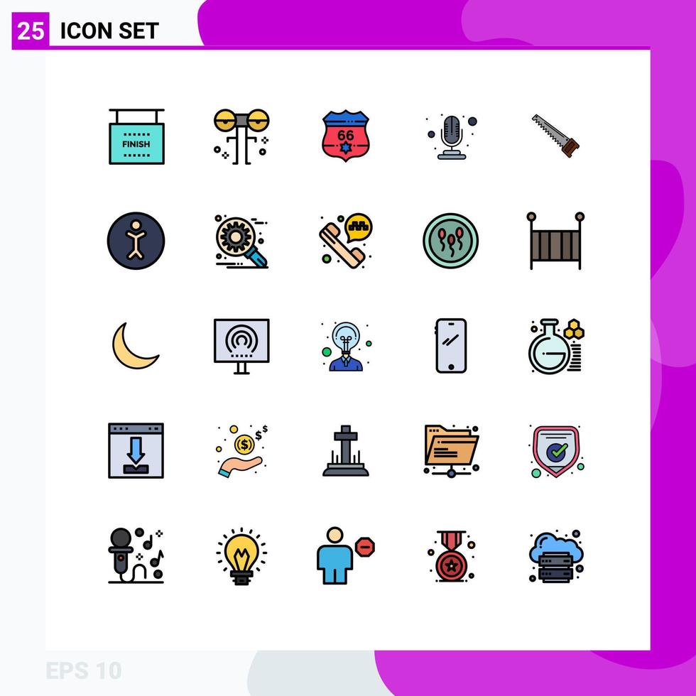 interface mobile ligne remplie couleur plate ensemble de 25 pictogrammes d'enregistrement à la main microphone effrayant sécurité éléments de conception vectoriels modifiables vecteur
