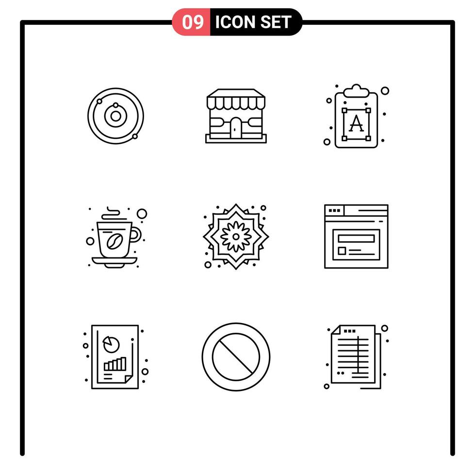 groupe de 9 contours des signes et des symboles pour les éléments de conception vectoriels modifiables de tasse de thé créative de café de fleur vecteur