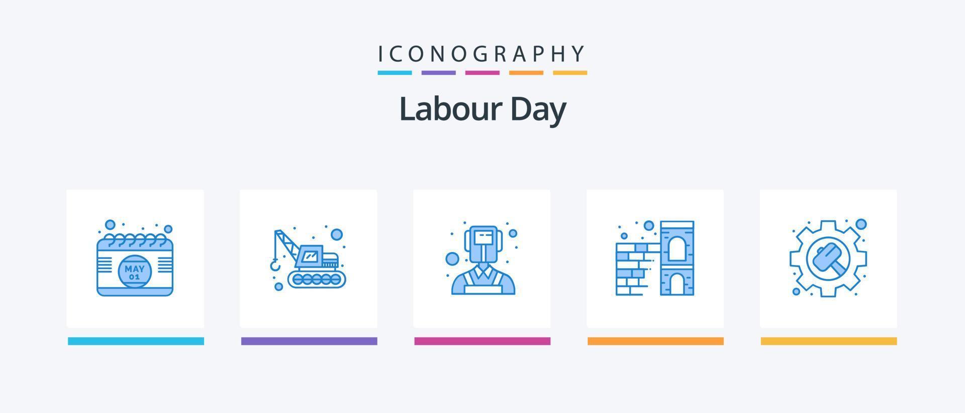 pack d'icônes bleues de la fête du travail 5, y compris les paramètres. marteau. les professions. équipement. pare-feu. conception d'icônes créatives vecteur