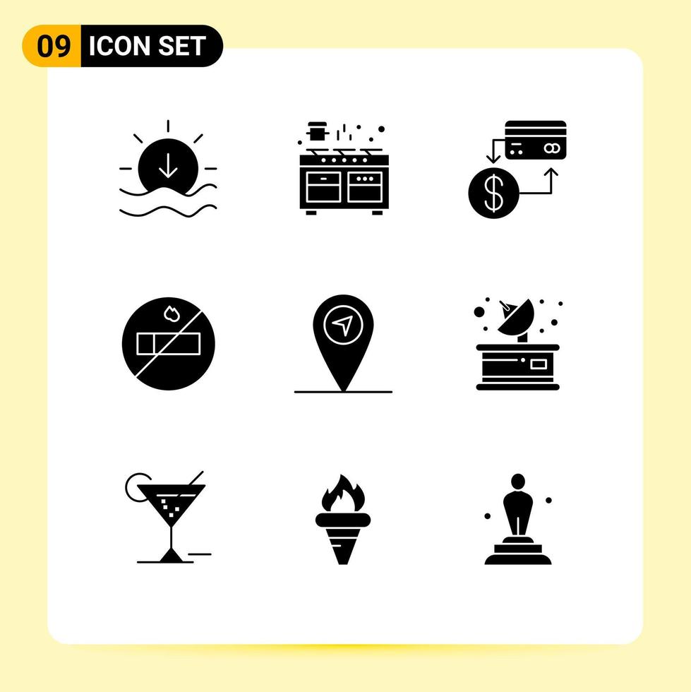 9 glyphes solides universels définis pour les applications web et mobiles communication gps comptabilité fumer marketing éléments de conception vectoriels modifiables vecteur