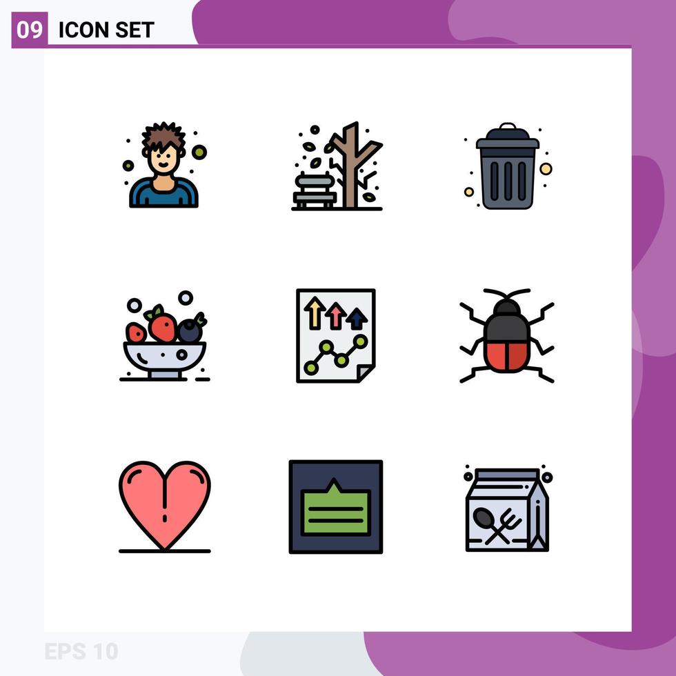 interface mobile filledline couleur plate ensemble de 9 pictogrammes de données de page poubelle boisson baies éléments de conception vectoriels modifiables vecteur