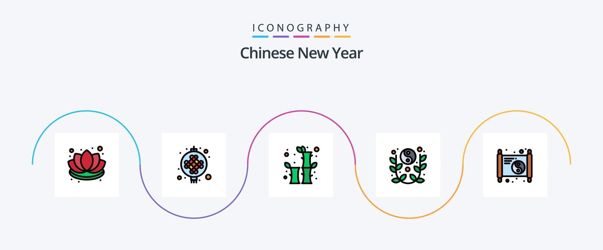 pack d'icônes plat rempli de 5 lignes du nouvel an chinois, y compris le chinois. yin yang. bambou. année. lunaire vecteur