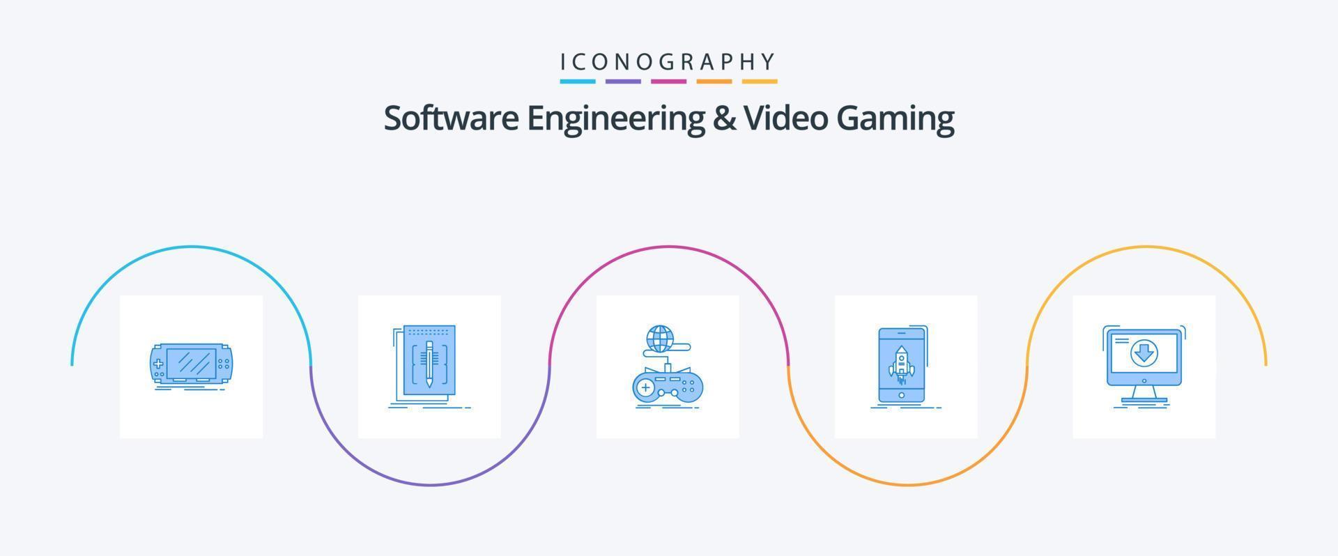 pack d'icônes bleues de génie logiciel et de jeu vidéo 5, y compris le démarrage. Jeu. Langue. en ligne. l'Internet vecteur