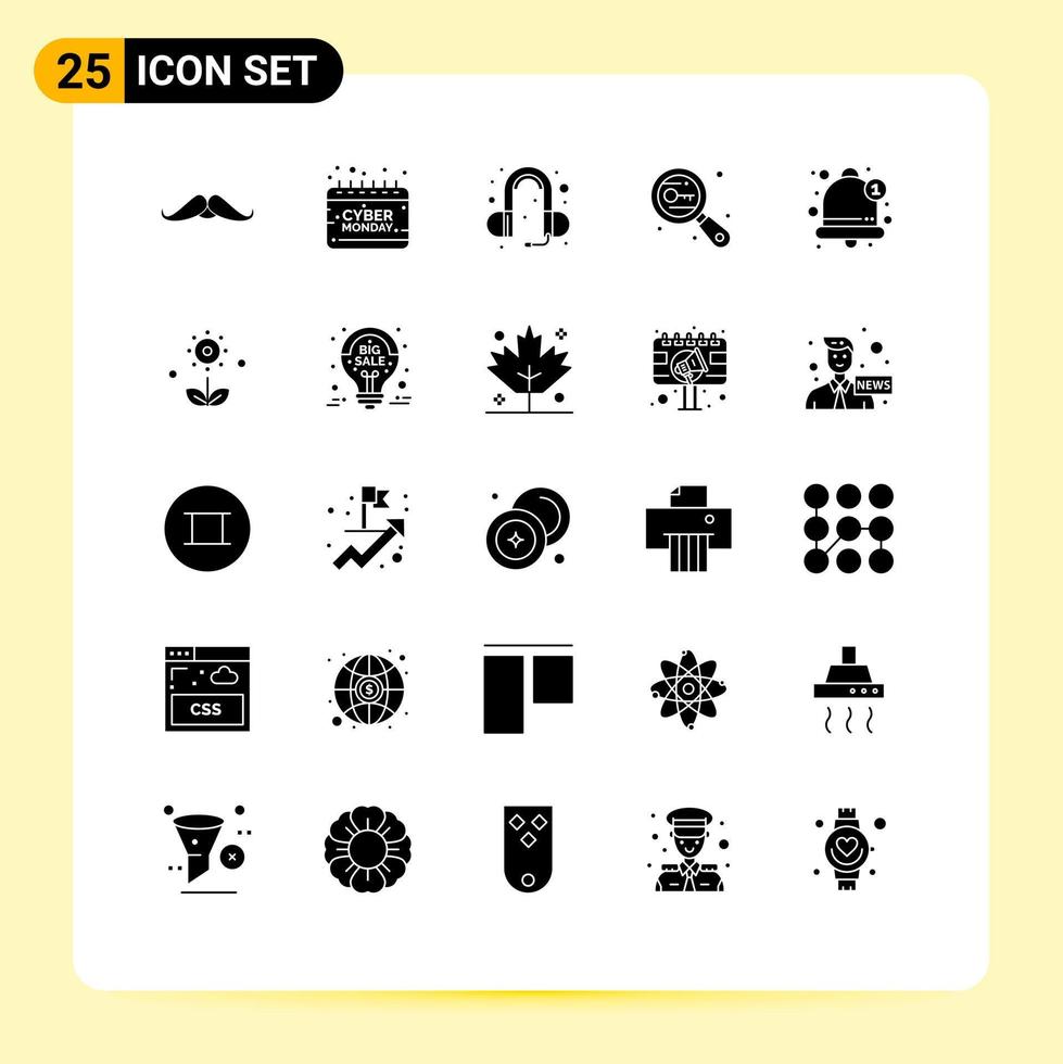 groupe de 25 signes et symboles de glyphes solides pour la recherche en sécurité mots-clés du lundi son éléments de conception vectoriels modifiables vecteur