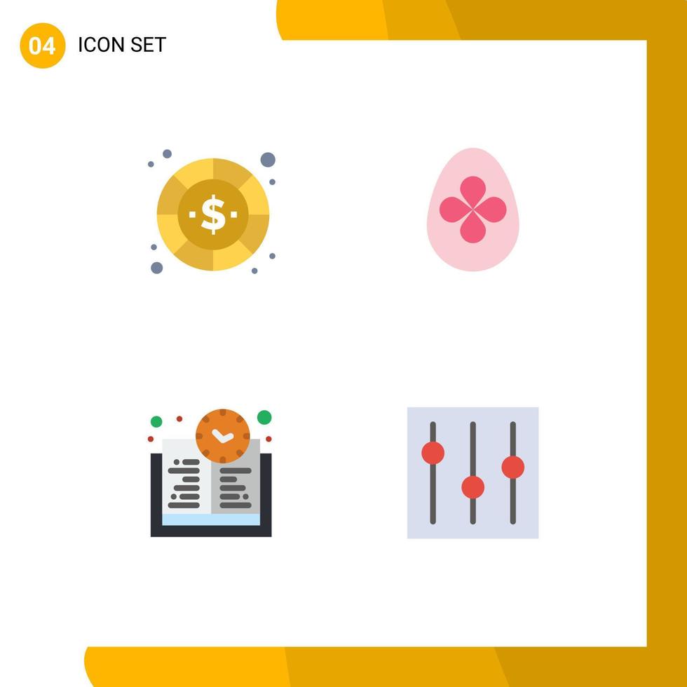 ensemble moderne de 4 icônes plates pictogramme de livre de pièces temps argent temps d'apprentissage de pâques éléments de conception vectoriels modifiables vecteur