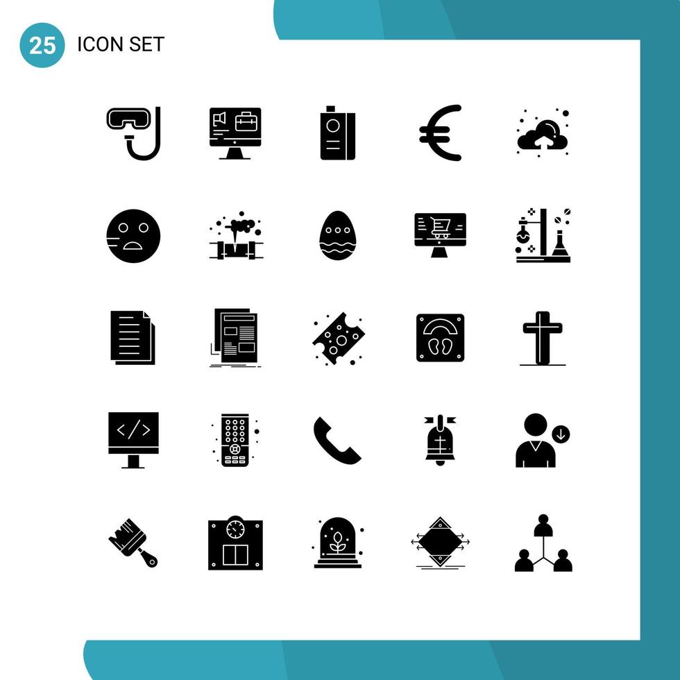 pack de glyphes solides de 25 symboles universels d'éléments de conception vectoriels modifiables de la finance et du jus de fruits euro vecteur