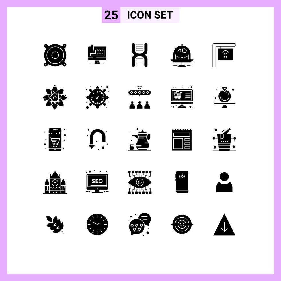 25 pack de glyphes solides d'interface utilisateur de signes et symboles modernes d'éléments de conception vectoriels modifiables de gâteau de mariage adn amour internet vecteur