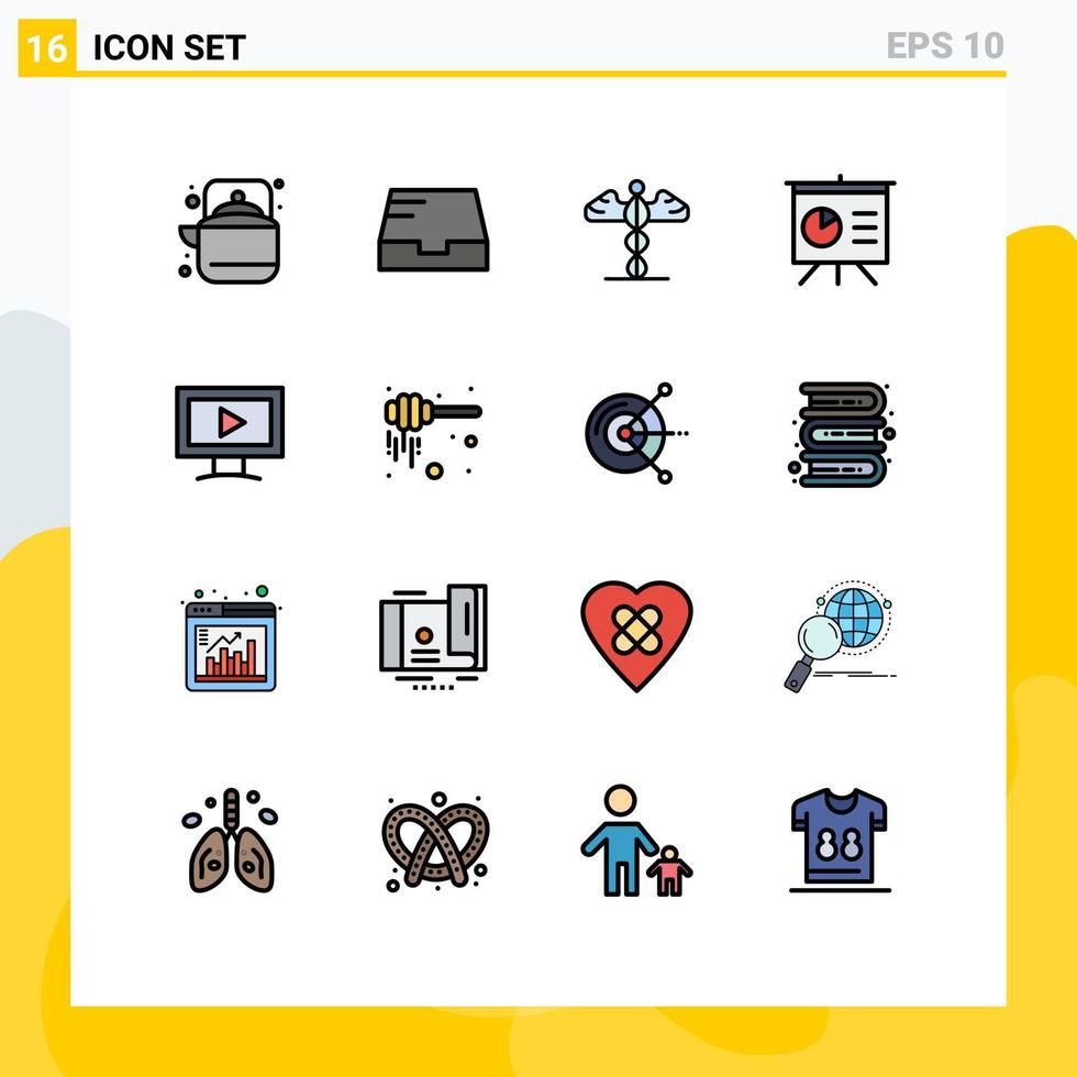 symboles d'icônes universels groupe de 16 lignes modernes remplies de couleurs plates de moniteur vidéo présentation de médecine analytique éléments de conception vectoriels créatifs modifiables vecteur