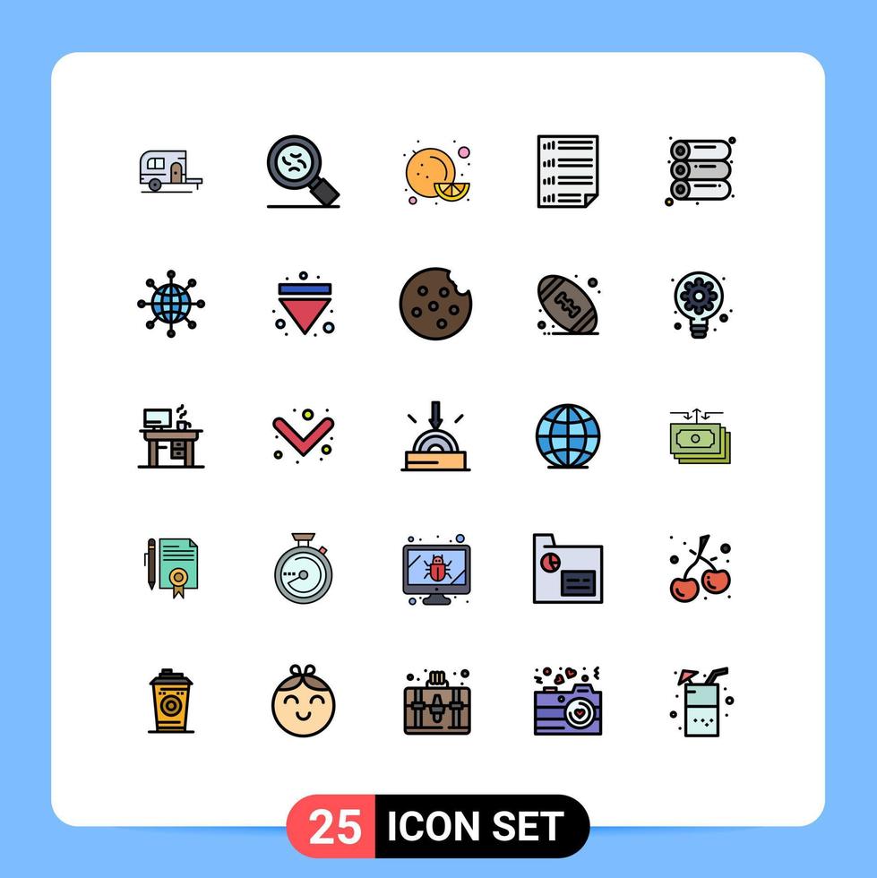 interface mobile ligne remplie couleur plate ensemble de 25 pictogrammes d'éléments de conception vectoriels modifiables de document de page de fruits de machine d'impression vecteur