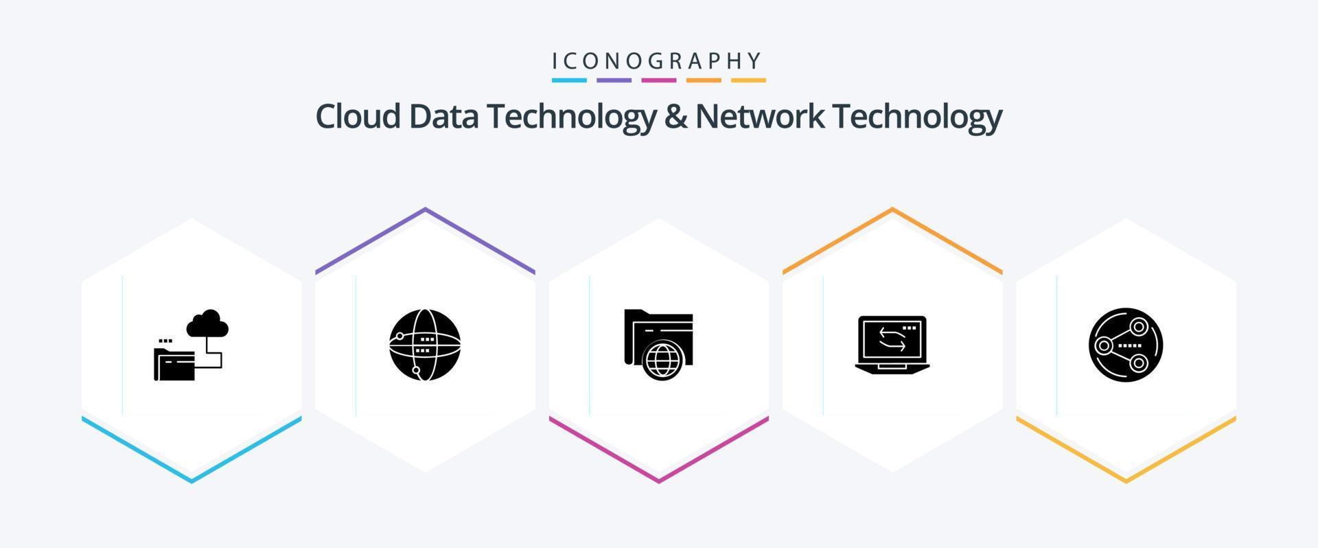 technologie de données en nuage et technologie de réseau pack d'icônes de 25 glyphes, y compris le partage. Matériel. dossier. ordinateur portable. l'ordinateur vecteur