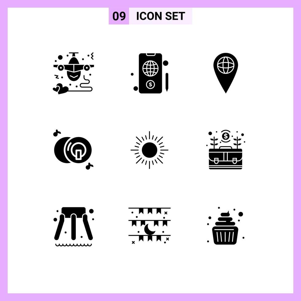 9 ensemble de glyphes solides universels pour les applications web et mobiles sunset sun geo multimédia dvd éléments de conception vectoriels modifiables vecteur