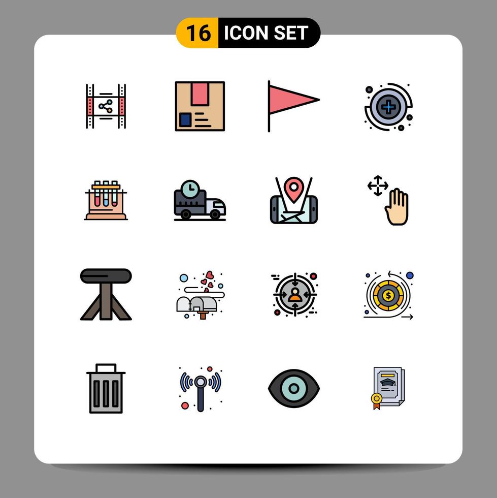 ensemble moderne de 16 lignes et symboles remplis de couleurs plates tels que le drapeau de capture de paquet médical de laboratoire éléments de conception vectoriels créatifs modifiables vecteur